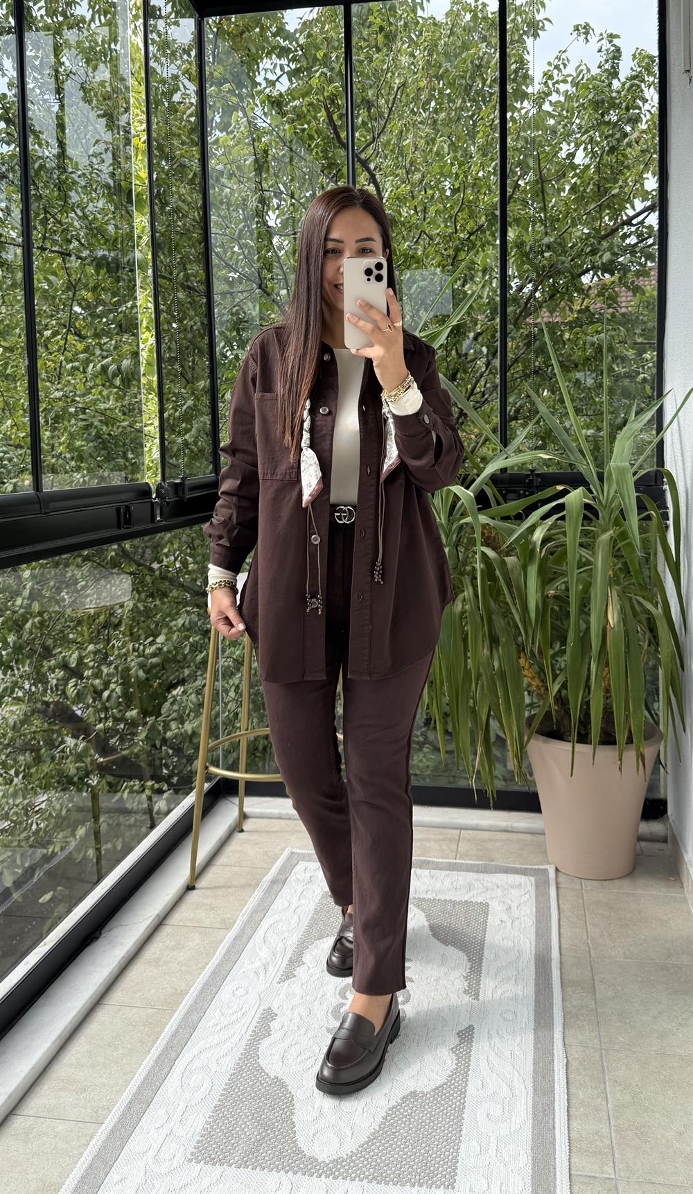 Düğmeli Oversize Gömlek Kahve