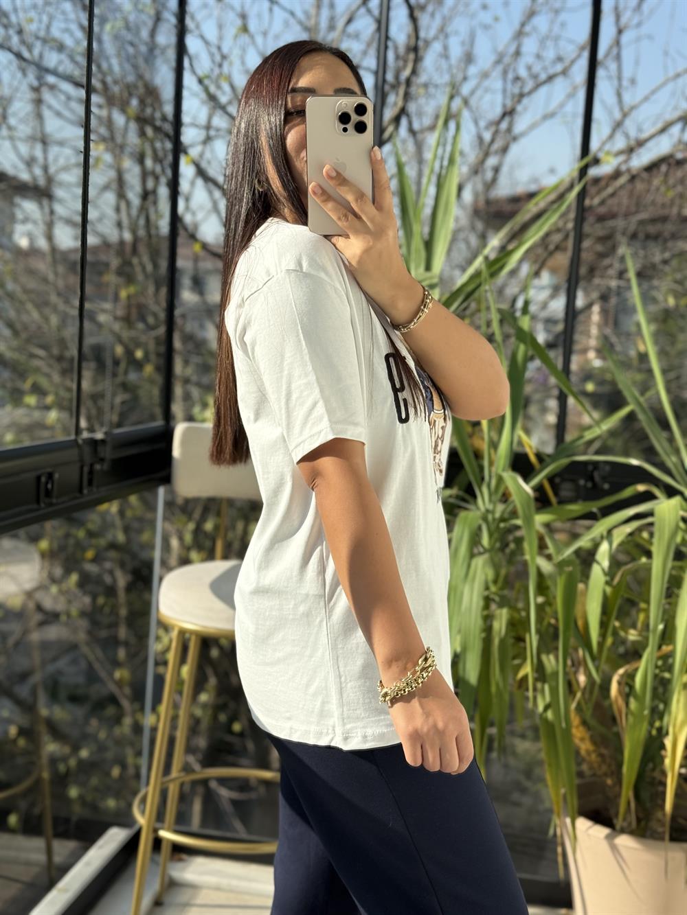 Newyork Yazılı İşlemeli Basic Tişört Beyaz