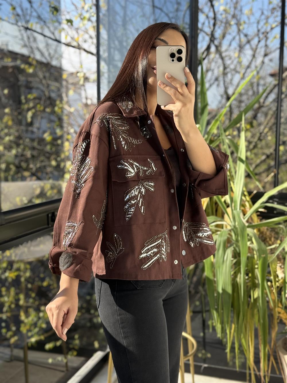 Payetli Boncuklu Kot Ceket Kahve