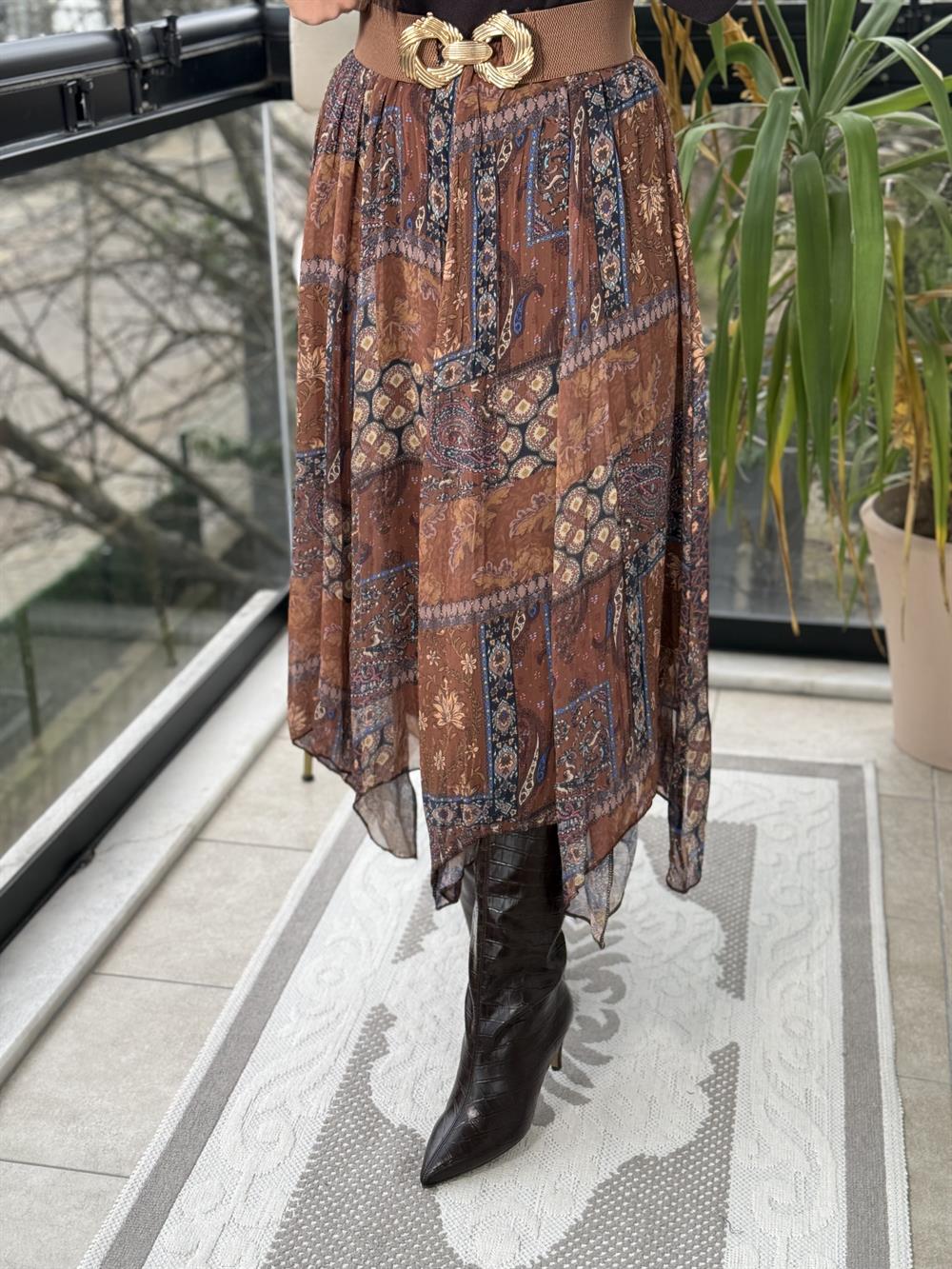 Etnik Desen Asimetrik Kesim Etek Kahve