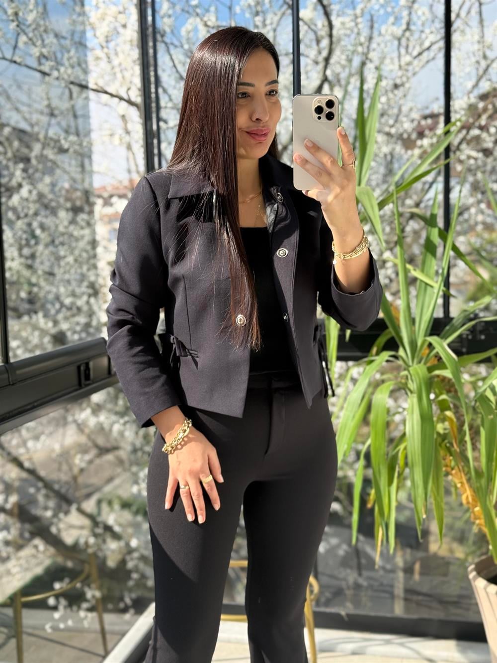 Uzun Kol Fiyonklu Blazer Ceket Siyah