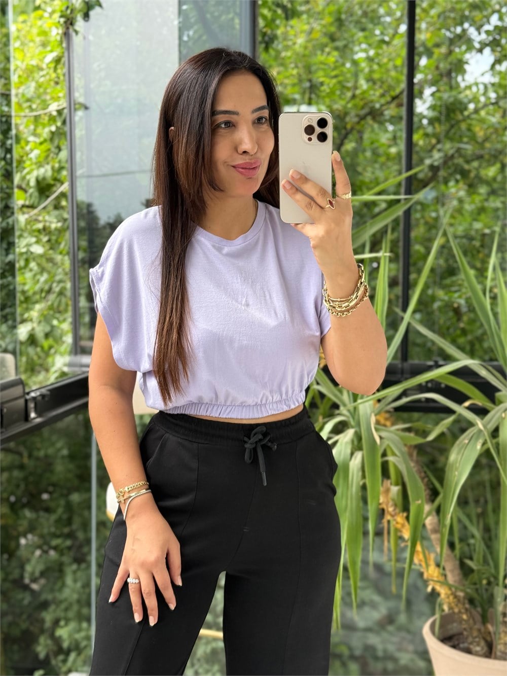 Beli Lastikli Crop Tişört Lila
