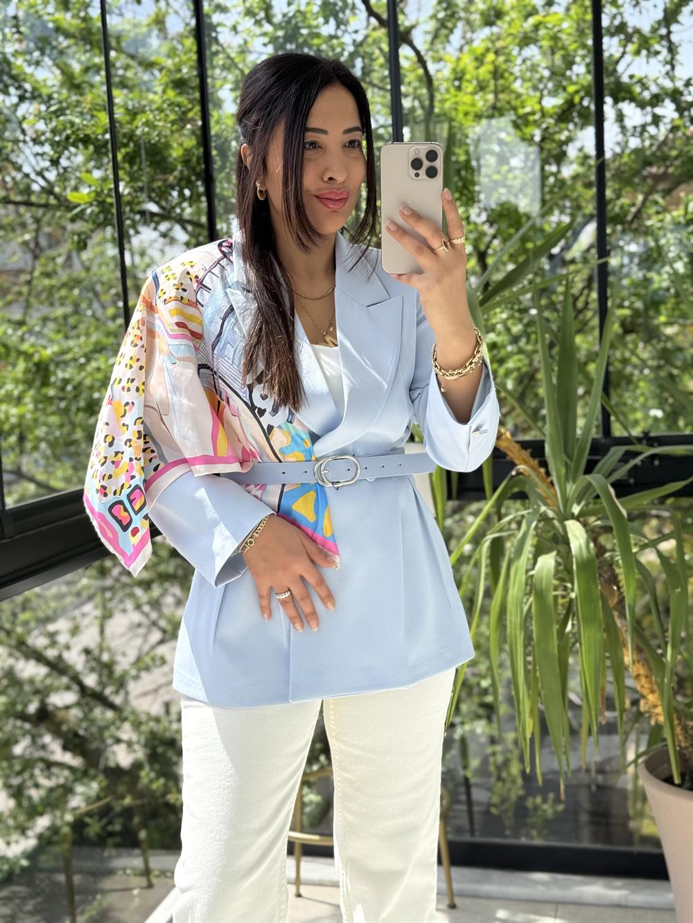 Çift Pileli Şallı Ceket Buz Mavisi