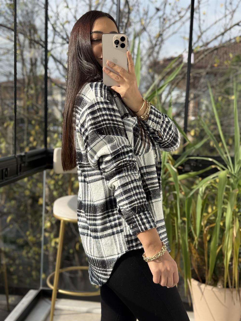 Taşlı Ekose Gömlek Siyah