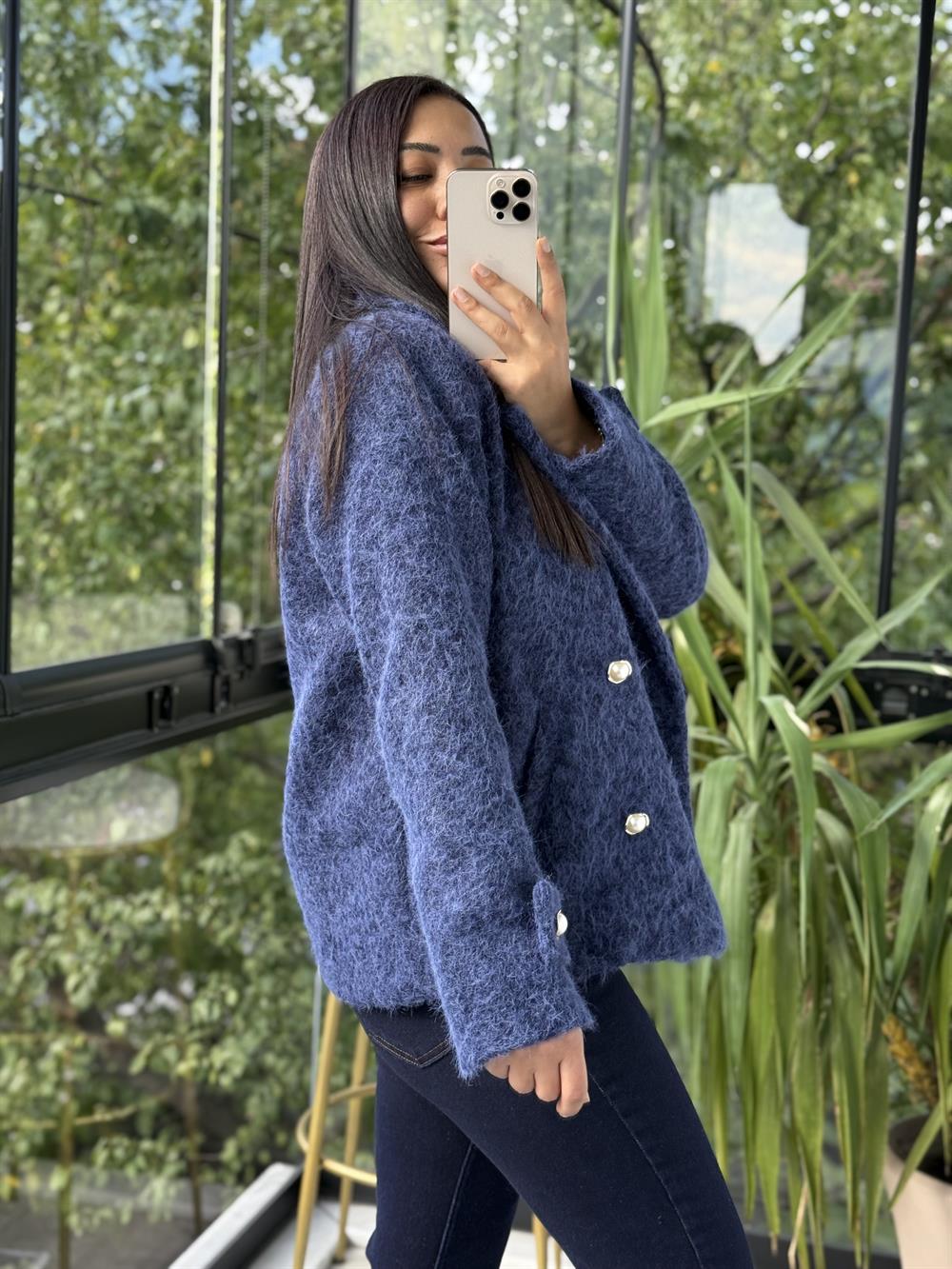 Gold Düğmeli Yün Kaban Ceket Lacivert