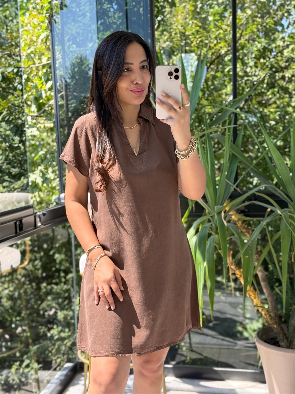 V Yakalı Kolsuz Mini Elbise Yıkamalı Kahve