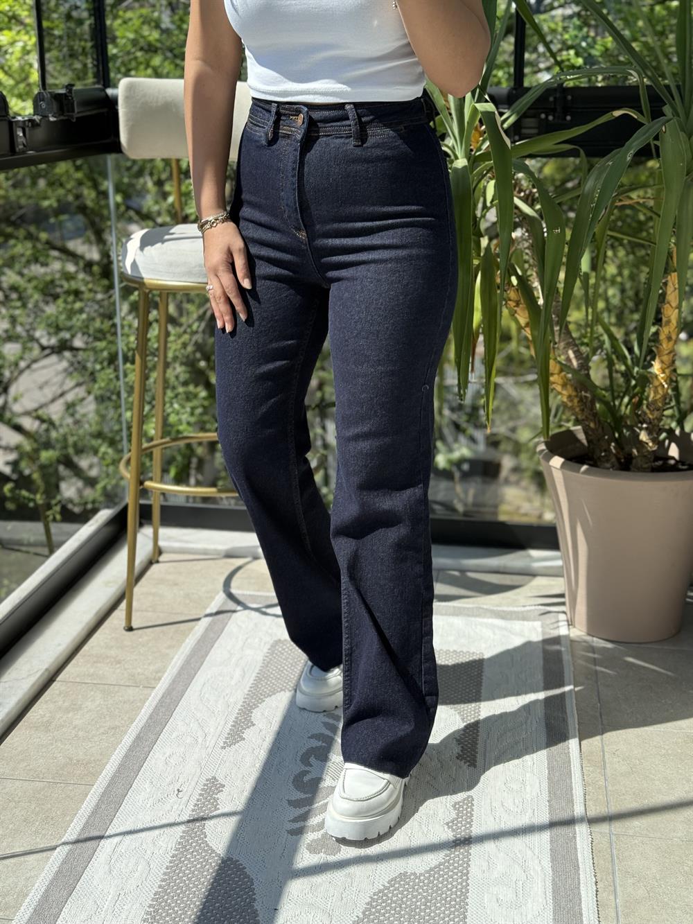 Dekoratif Cep Detaylı Palazzo Kot Pantolon Slaplı Lacivert