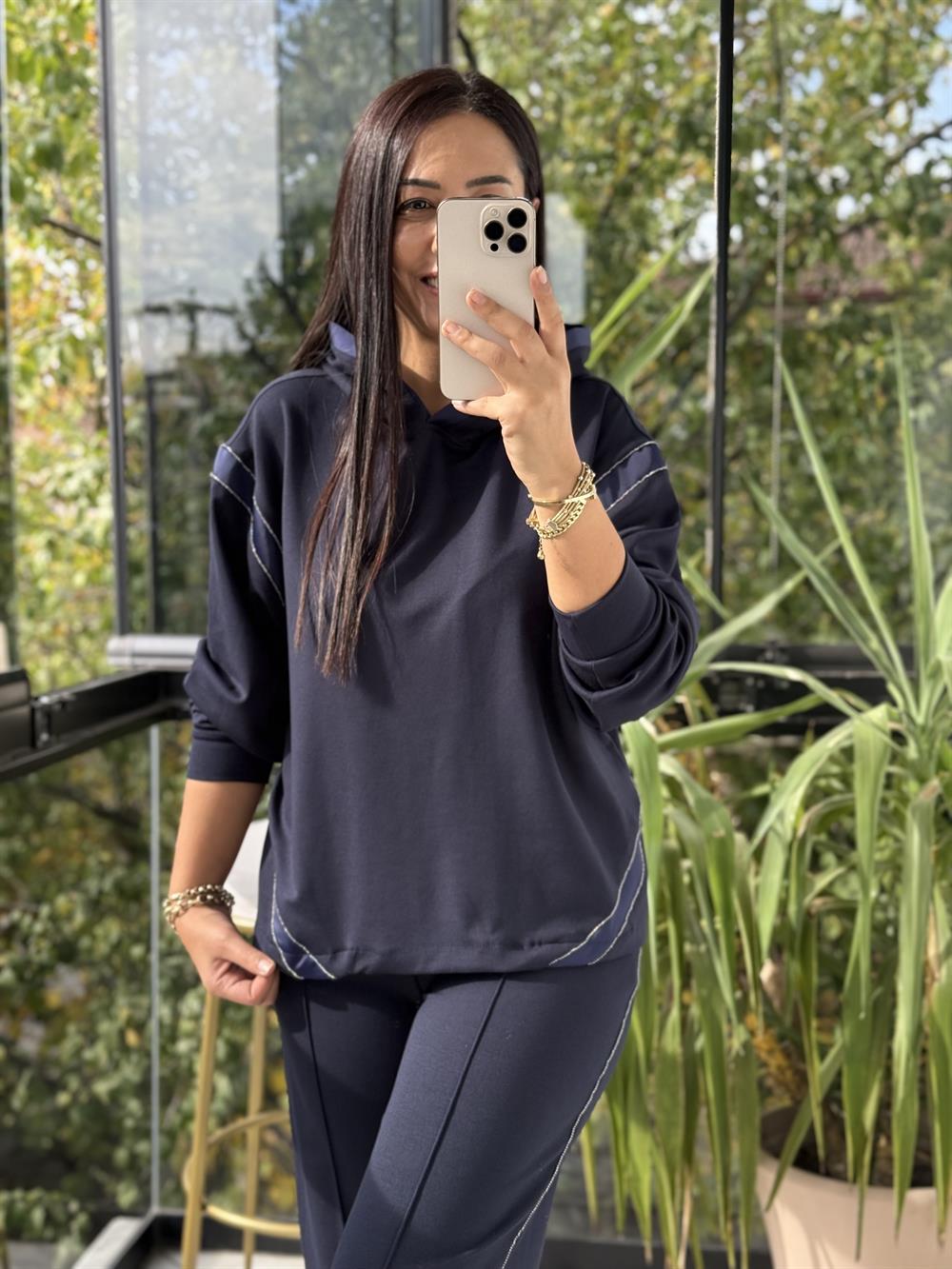 Taşlı Şeritli Takım Lacivert