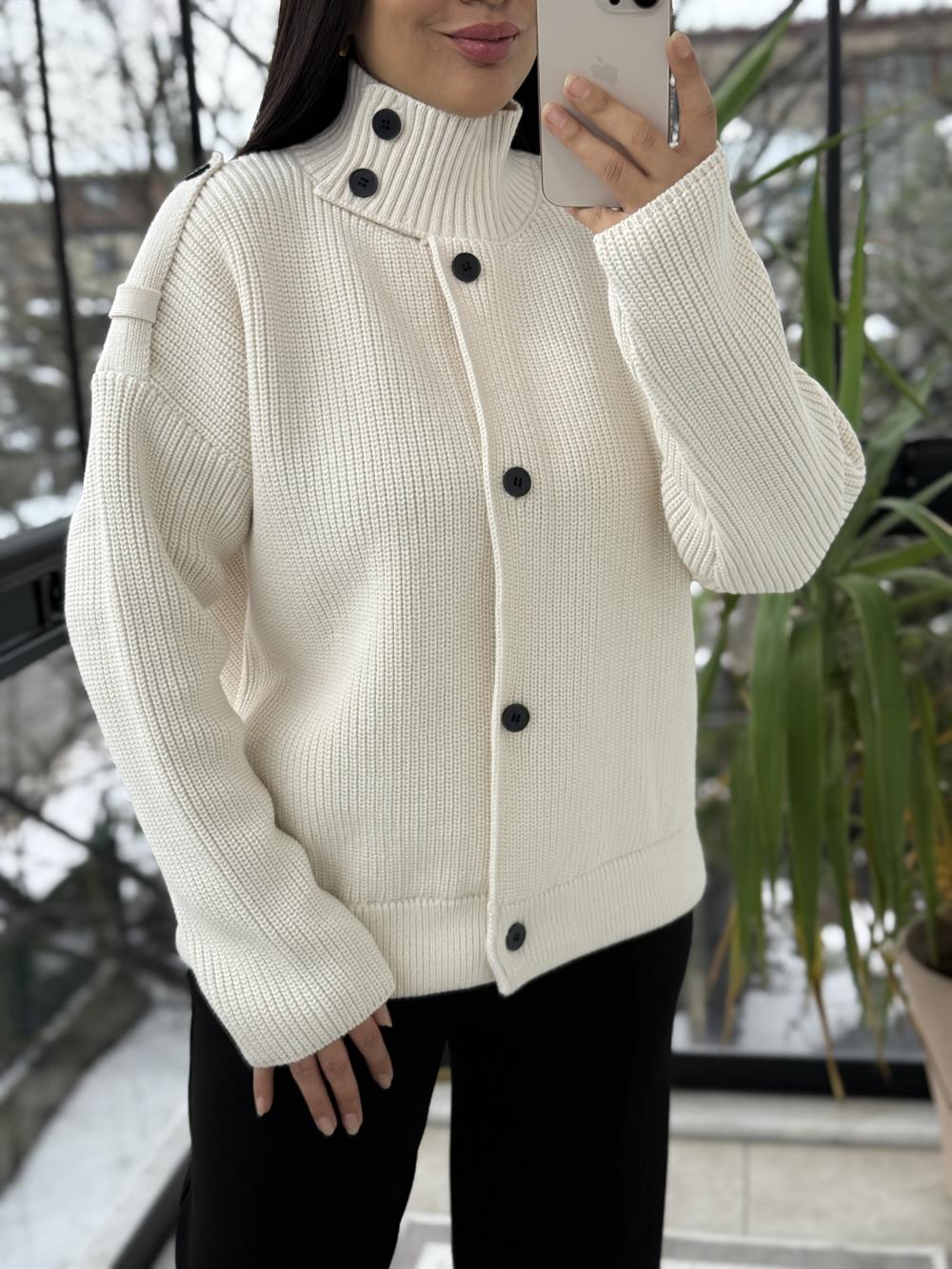 Düğmeli Selanik Örgü Ceket Hırka Krem