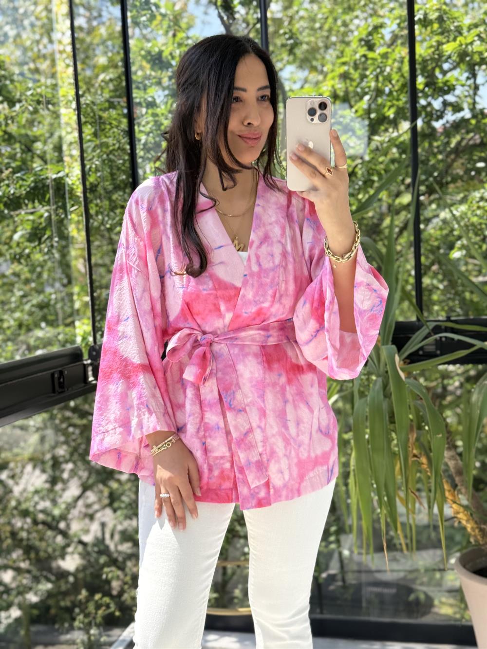 Desenli Kruvaze Yaka Bağlamalı Kimono Pembe