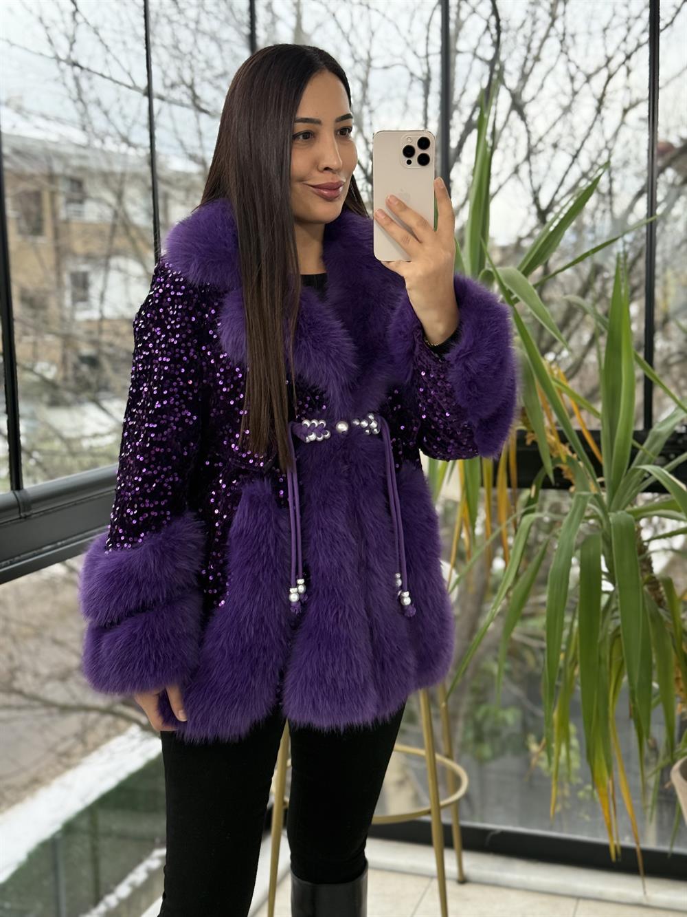 İthal Full payetli Kürk Mor