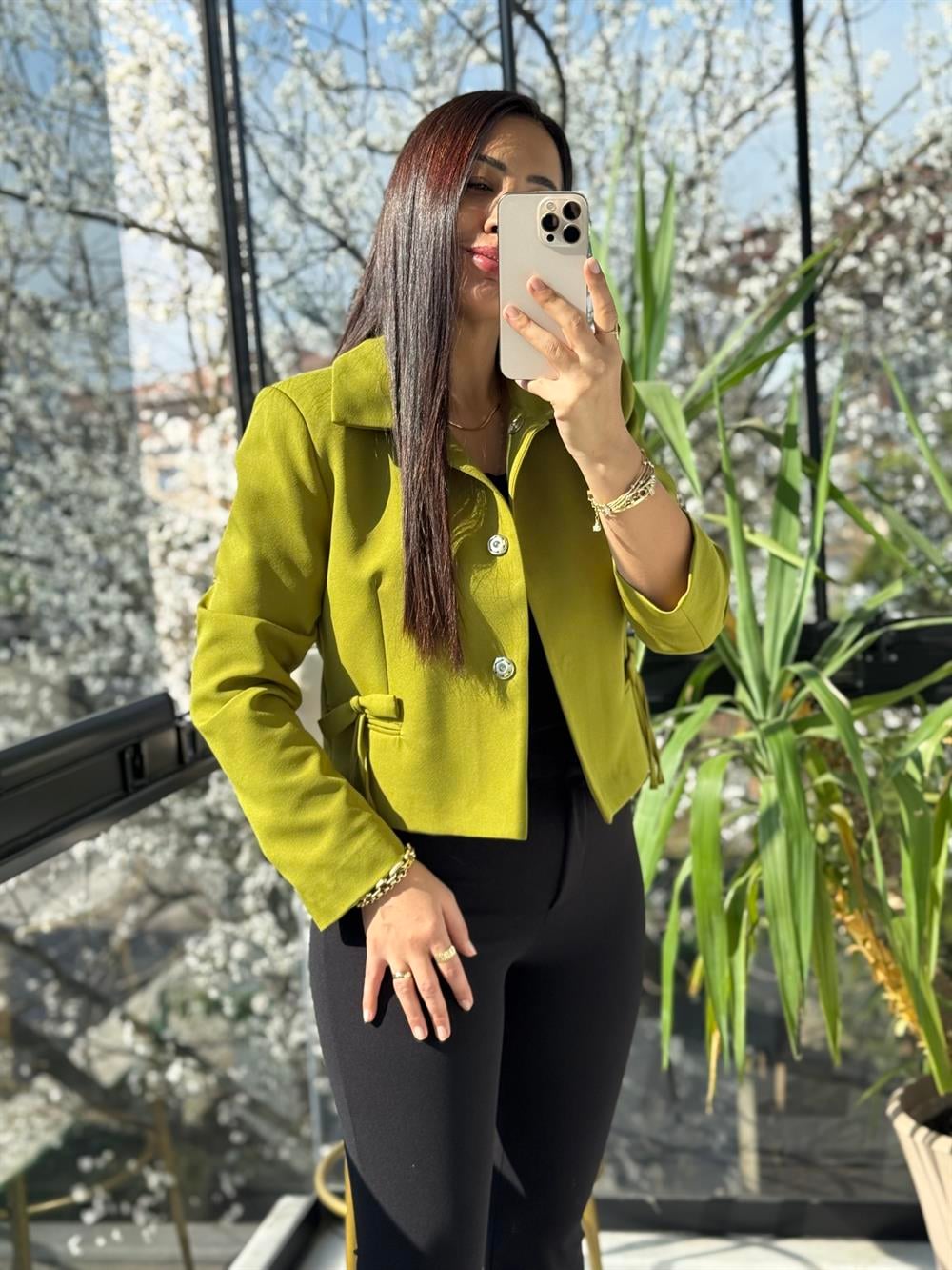 Uzun Kol Fiyonklu Blazer Ceket Kivi Yeşili