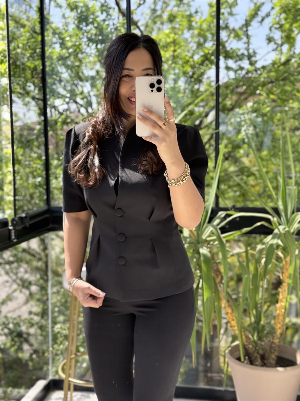 Pileli 3 Düğme Kısa Kol Ceket Siyah