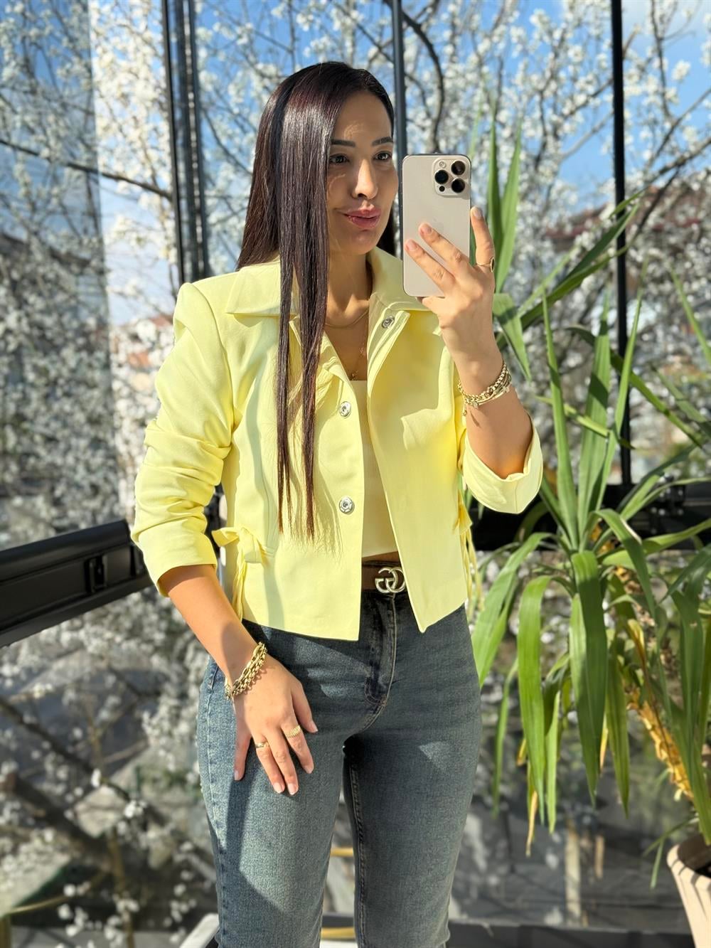 Uzun Kol Fiyonklu Blazer Ceket Sarı