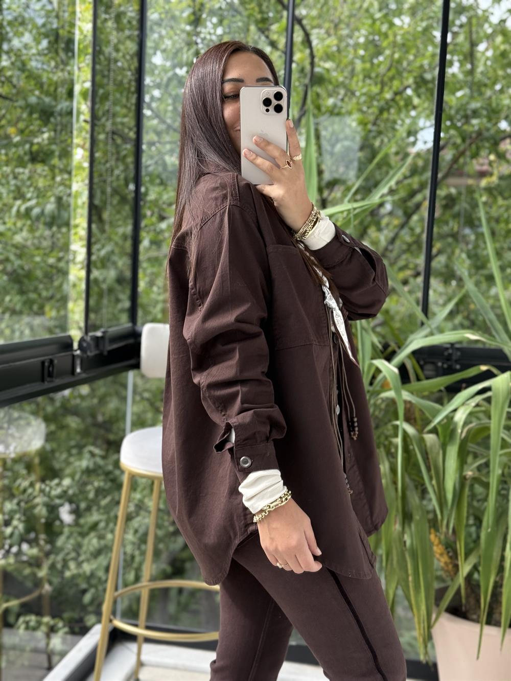 Düğmeli Oversize Gömlek Kahve