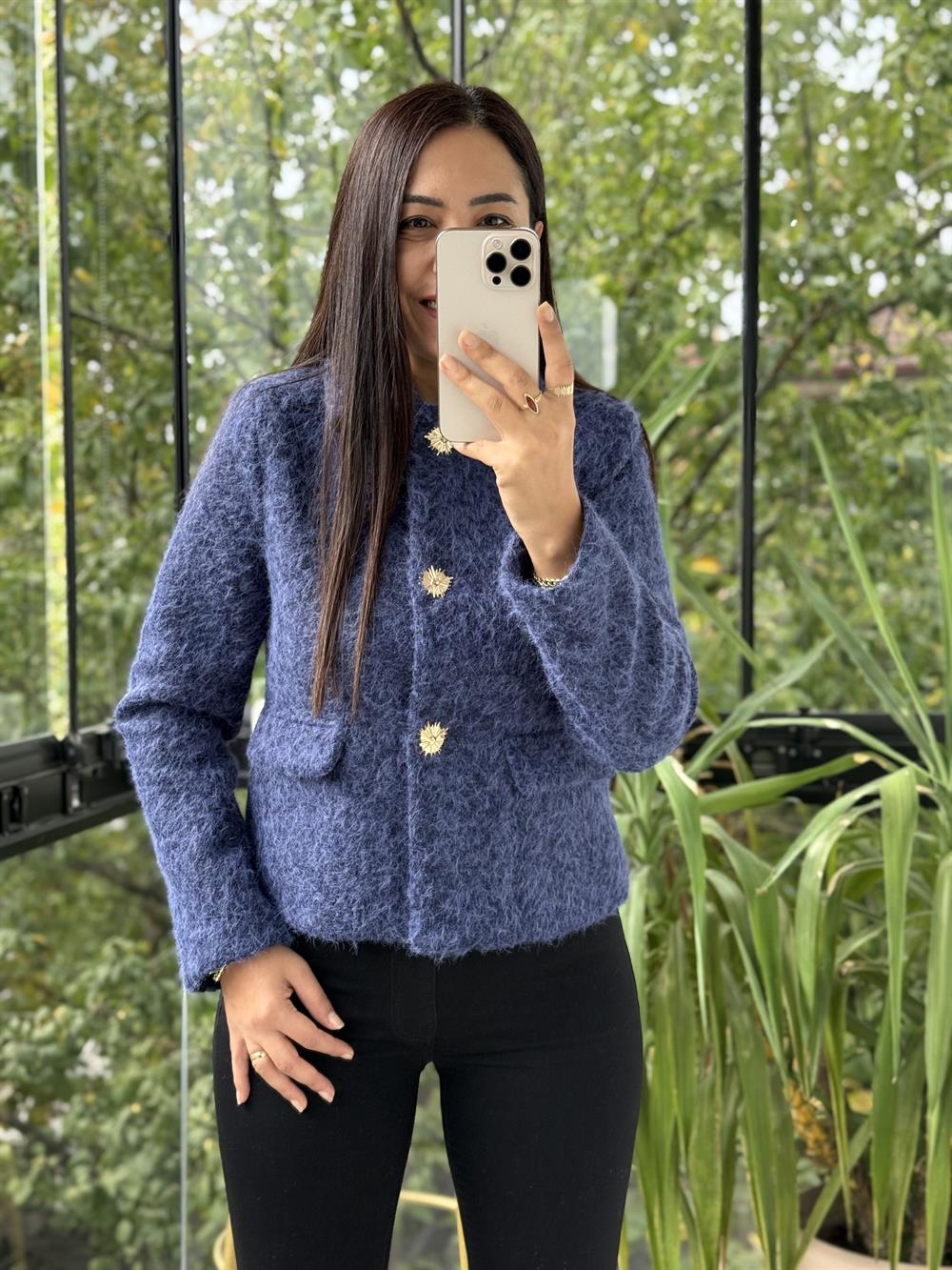 Kısa Gold Düğme Yün Ceket Lacivert