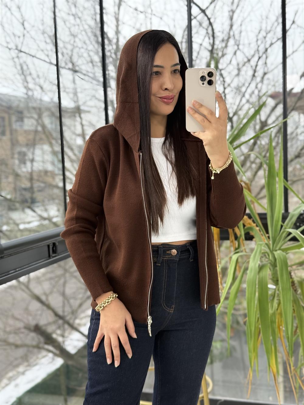 Çift Fermuarlı Kapüşonlu Yumoş Basic Hırka Kahve