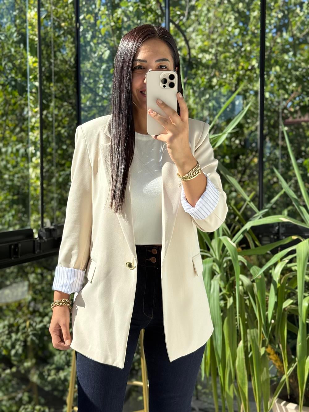 Kol Astarı Garnili Tek Düğme Blazer Ceket Taş