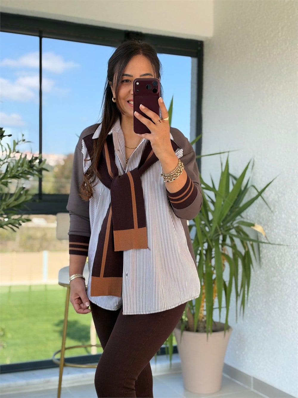 Twst Model Çizgili Bağlamalı Gömlek Kahve