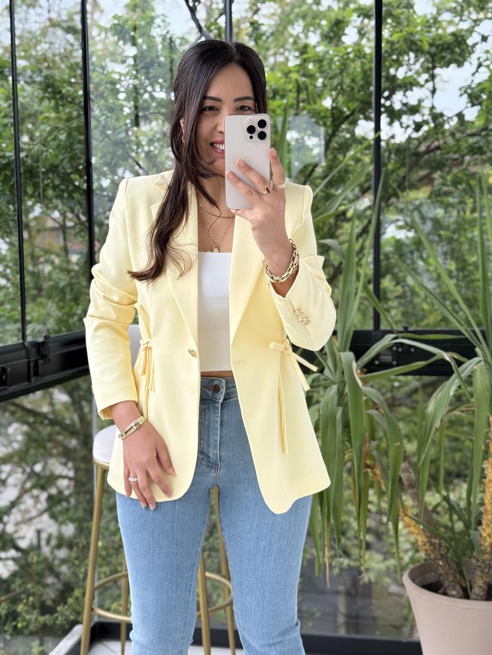 Yanı Bağcıklı Slim Blazer Ceket Sarı