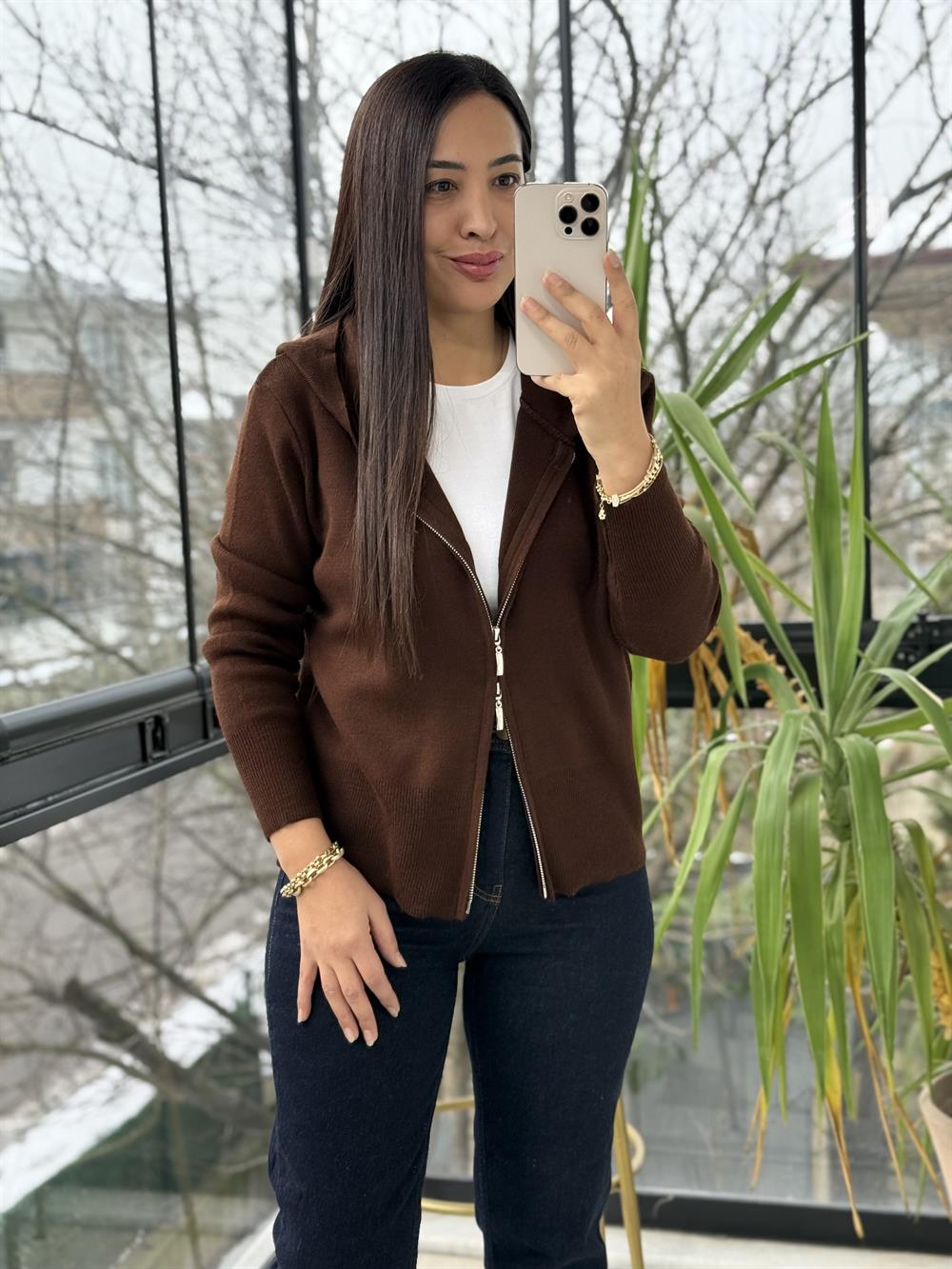 Çift Fermuarlı Kapüşonlu Yumoş Basic Hırka Kahve