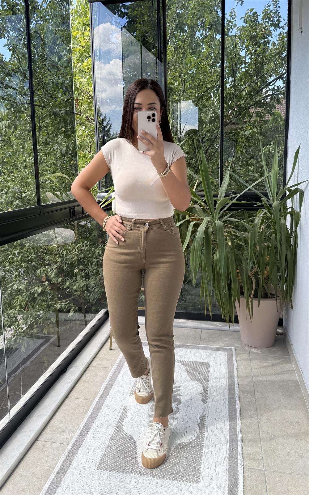 Premium Kalite Kesik Paça Jean Olive Yeşili