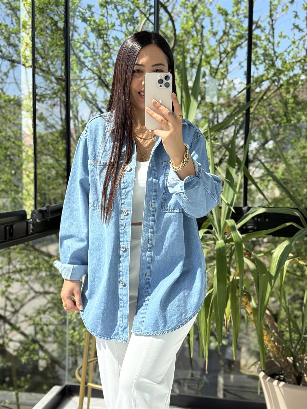 Düğmeli Oversize Gömlek Mavi