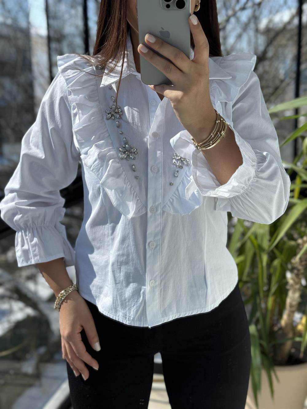 Kolu Bağlamalı Taşlı Gömlek Beyaz