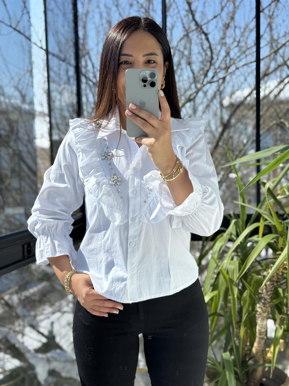 Kolu Bağlamalı Taşlı Gömlek Beyaz