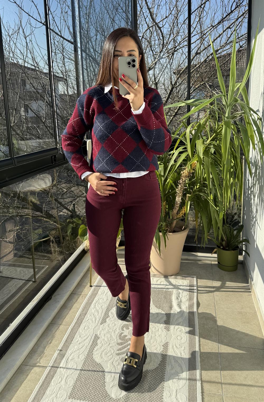 Baklava Desen Kazak Kısa Bordo