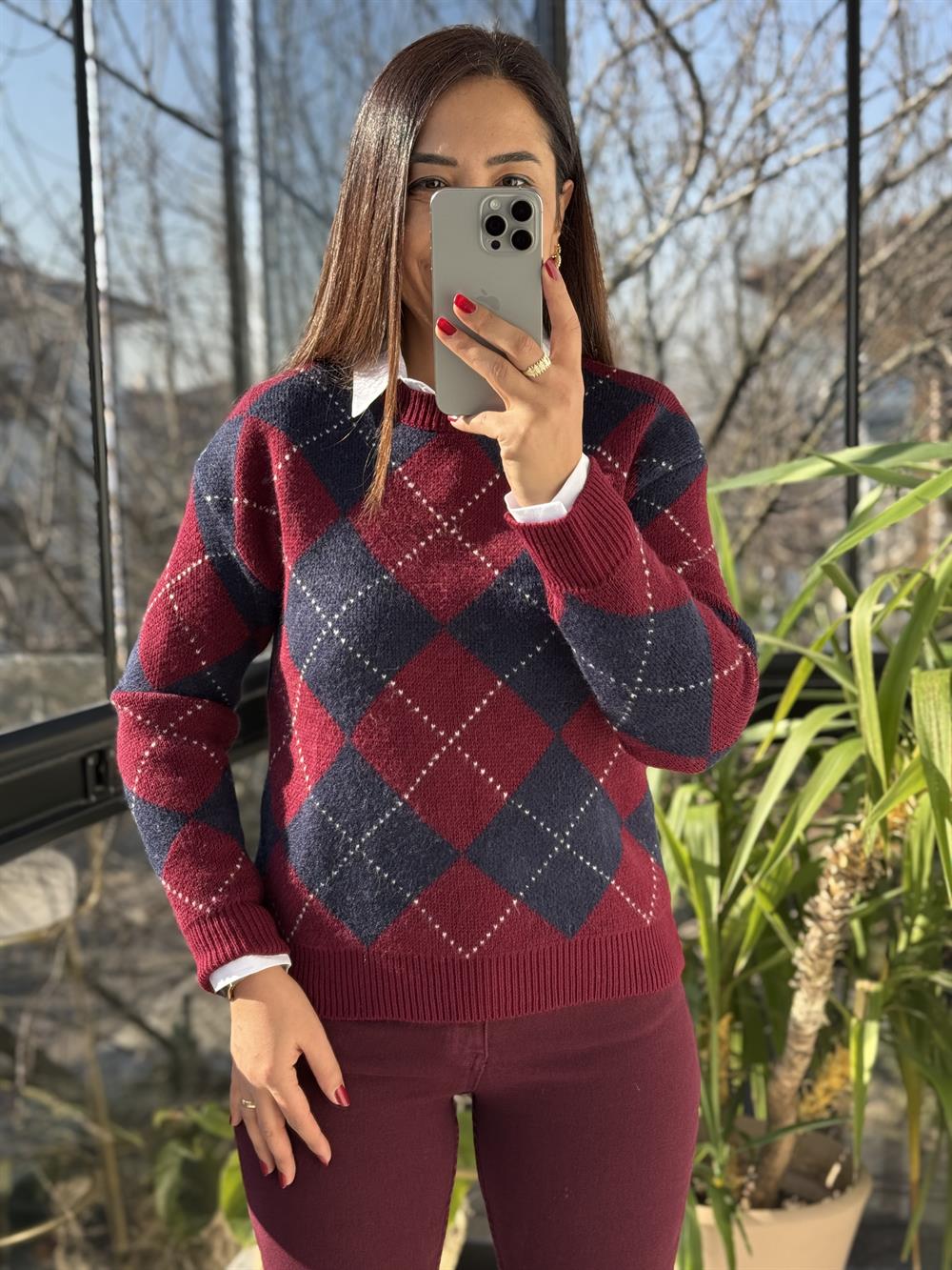 Baklava Desen Kazak Kısa Bordo