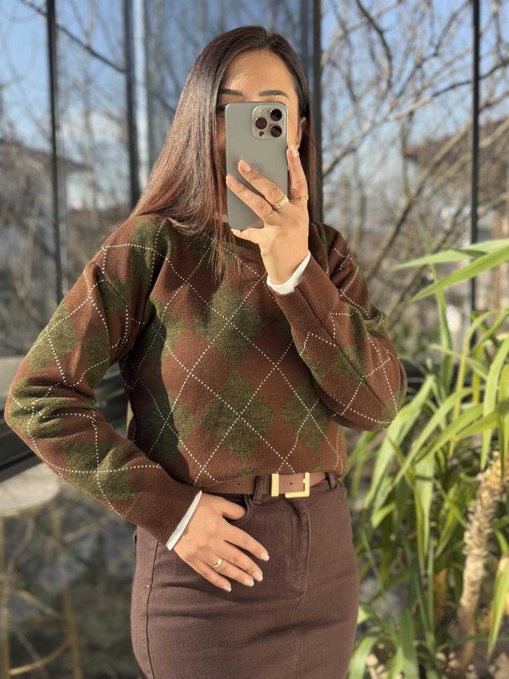 Massi Baklava Desen Kazak Kısa Yeşil