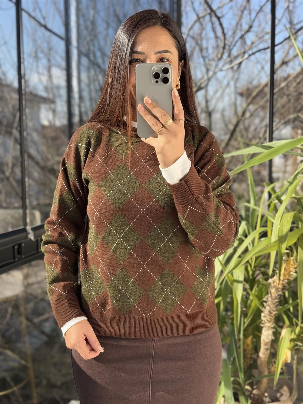 Massi Baklava Desen Kazak Kısa Yeşil