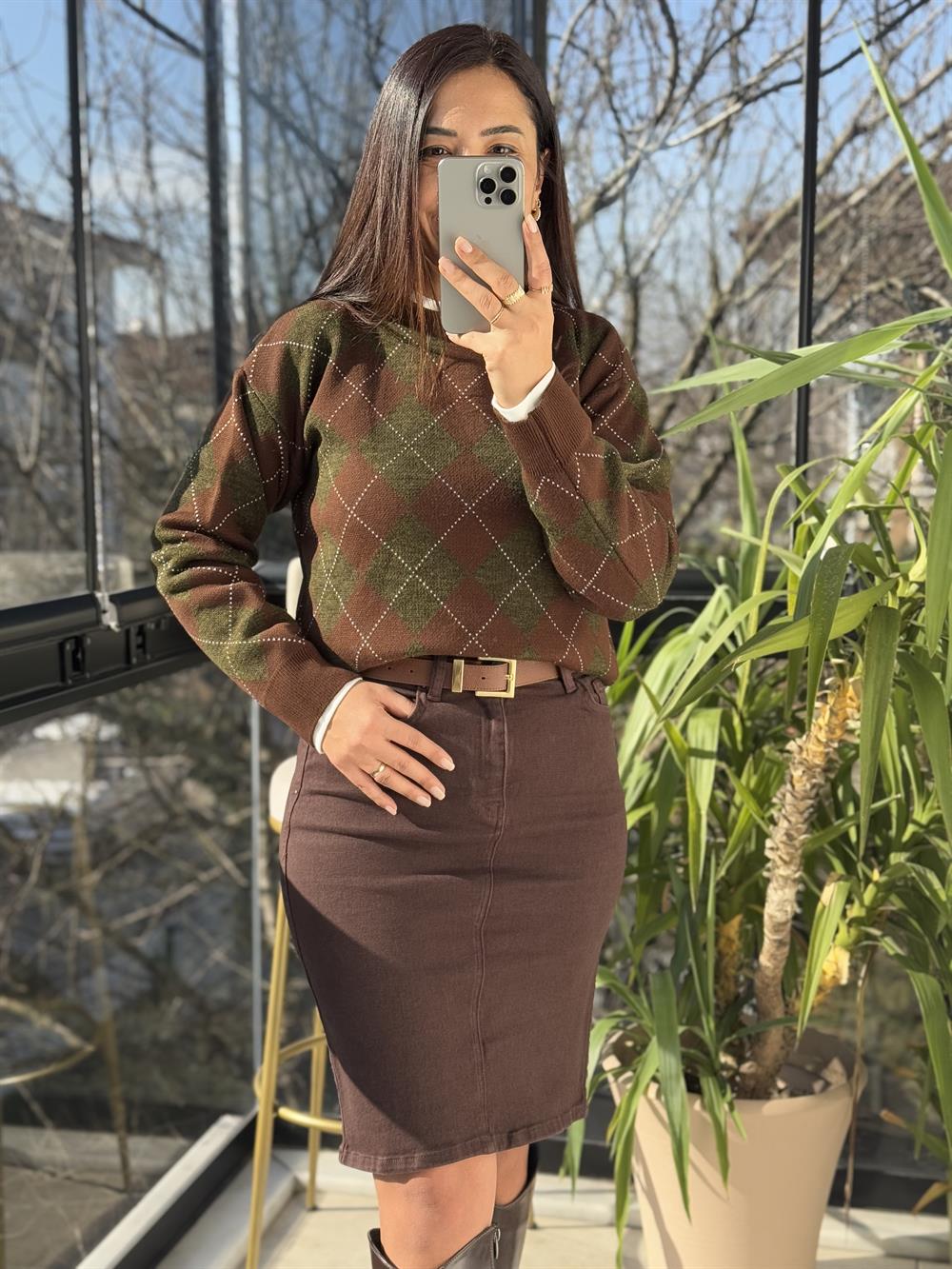 Massi Baklava Desen Kazak Kısa Yeşil