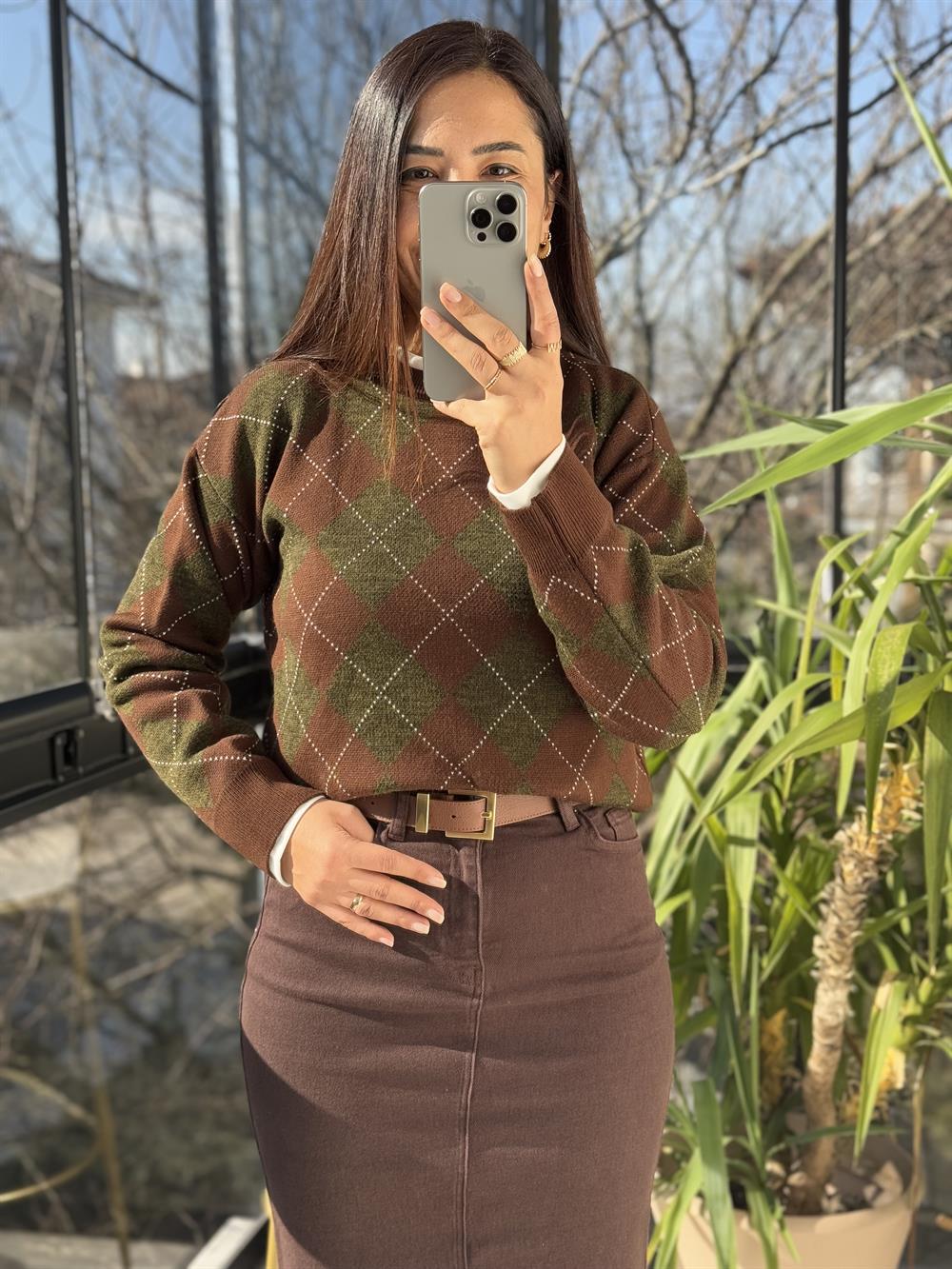 Massi Baklava Desen Kazak Kısa Yeşil