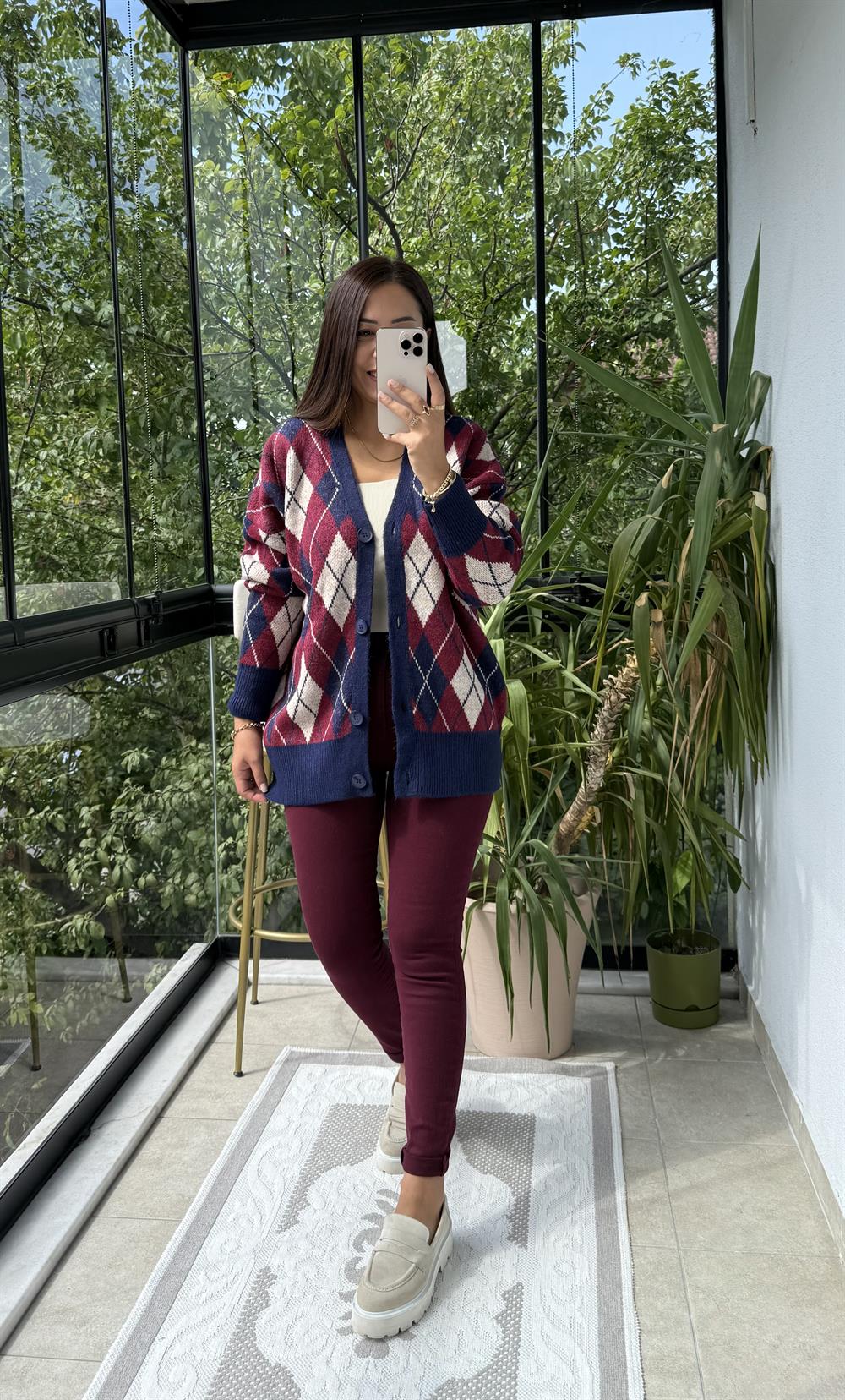 Baklava Jakarlı Hırka Bordo