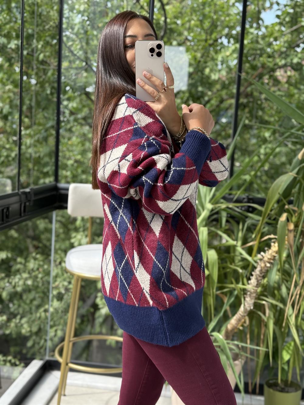 Baklava Jakarlı Hırka Bordo