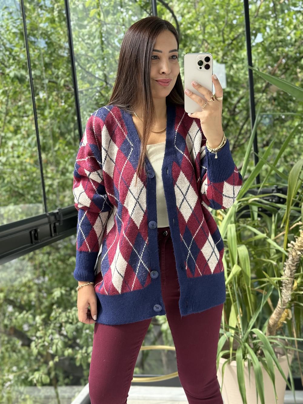 Baklava Jakarlı Hırka Bordo