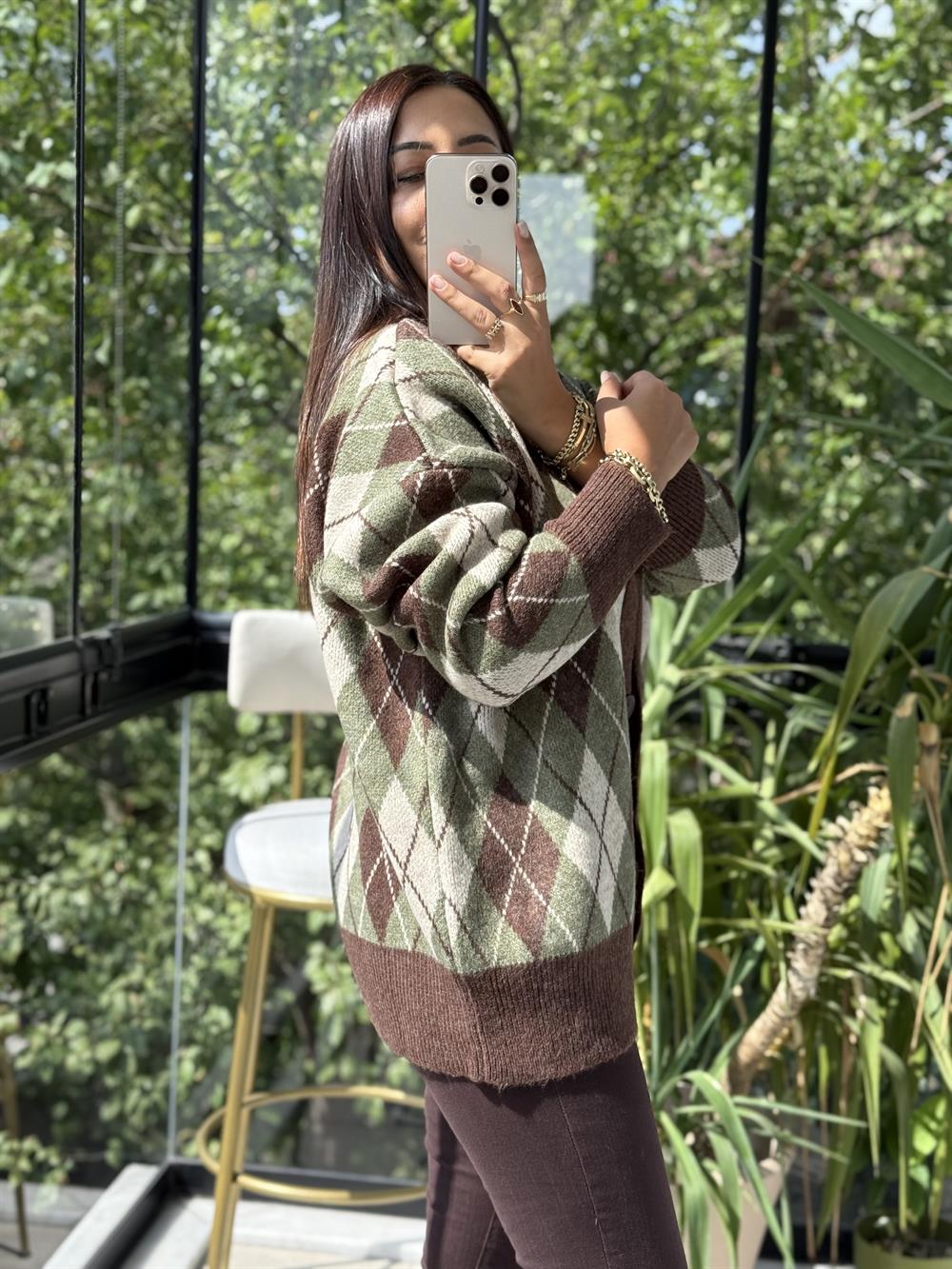 Baklava Jakarlı Hırka Haki Yeşili