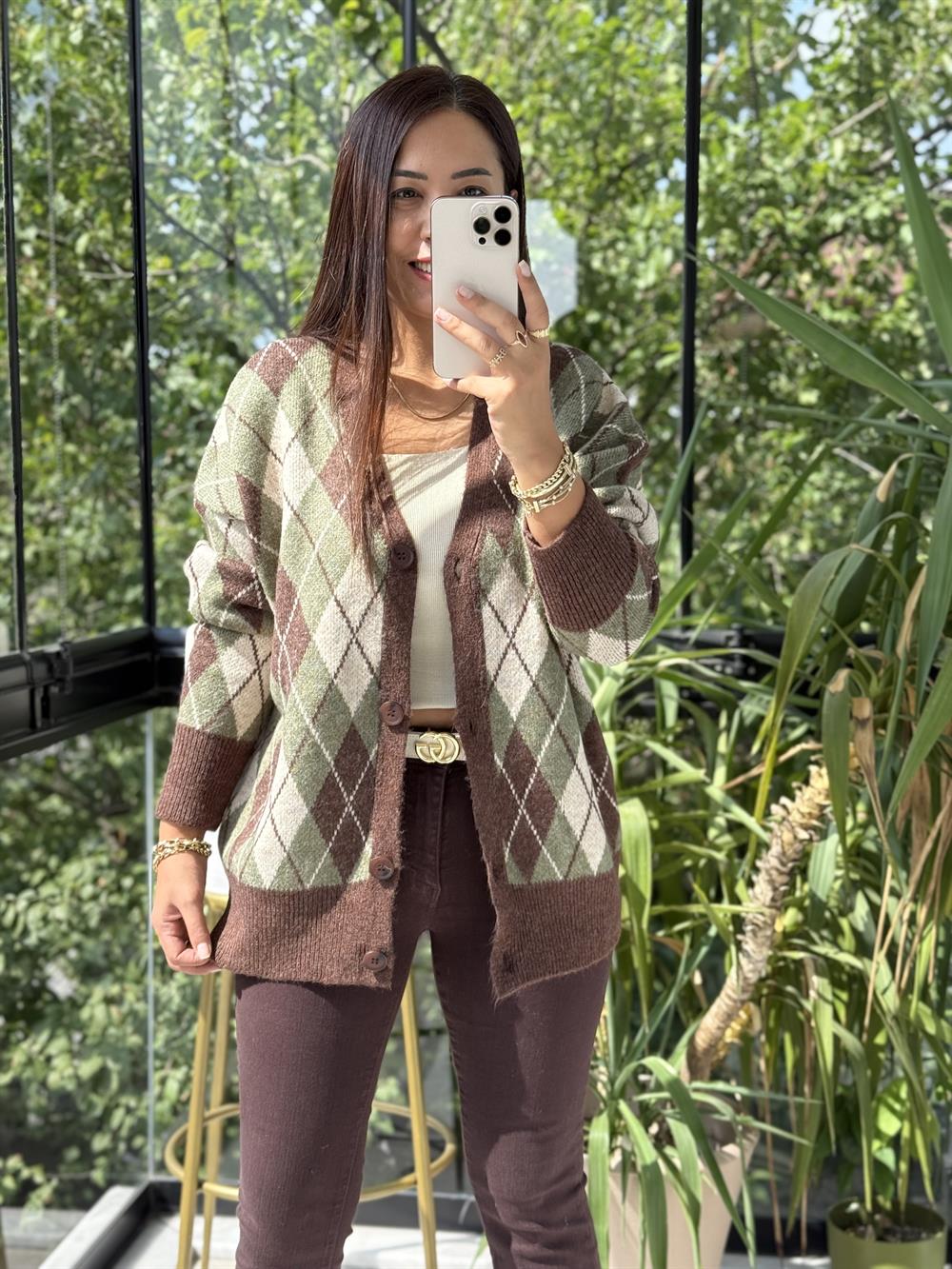 Baklava Jakarlı Hırka Haki Yeşili