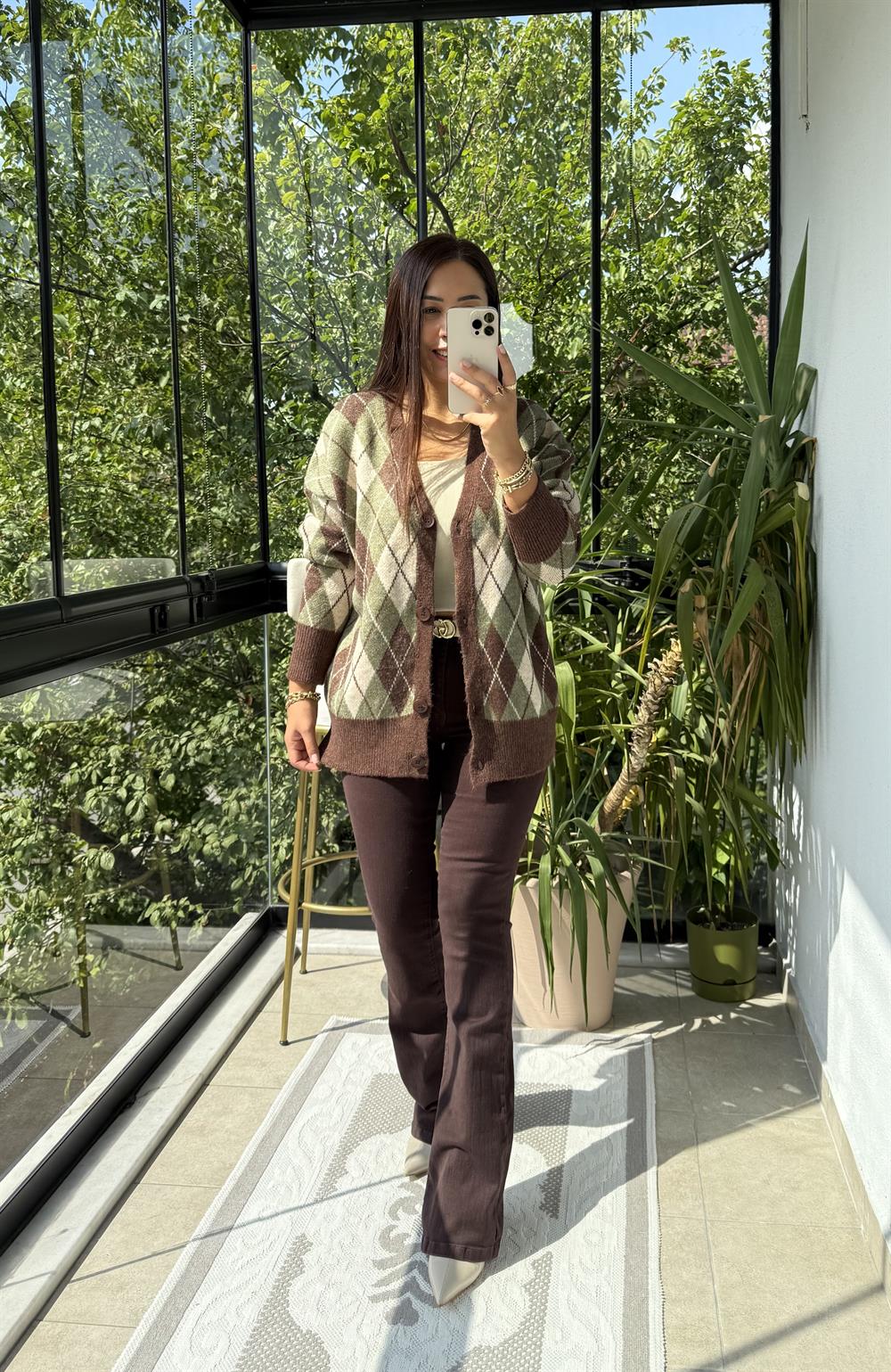 Baklava Jakarlı Hırka Haki Yeşili