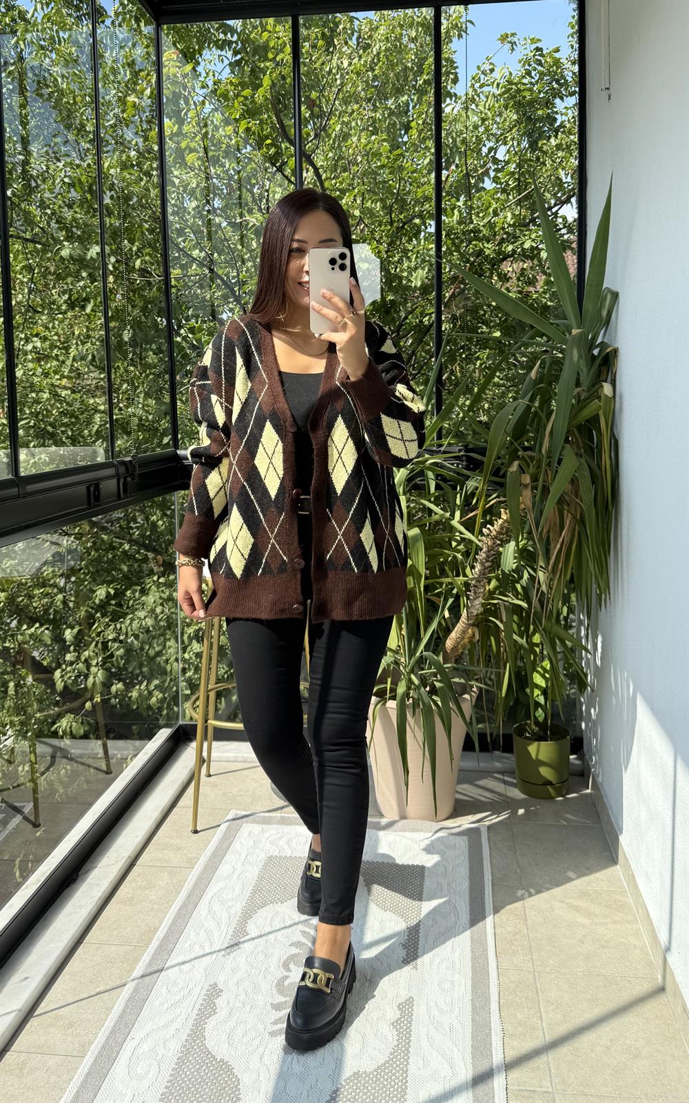 Baklava Jakarlı Hırka Kahve