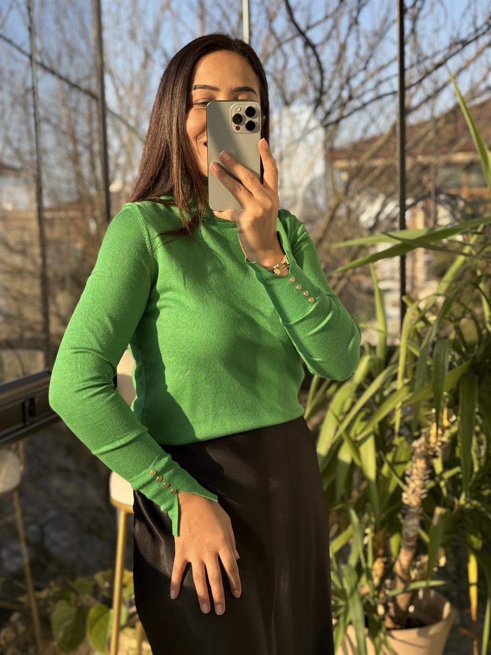 Balıkçı Yaka Manşetli Çıtçıtlı Kazak Yeşil