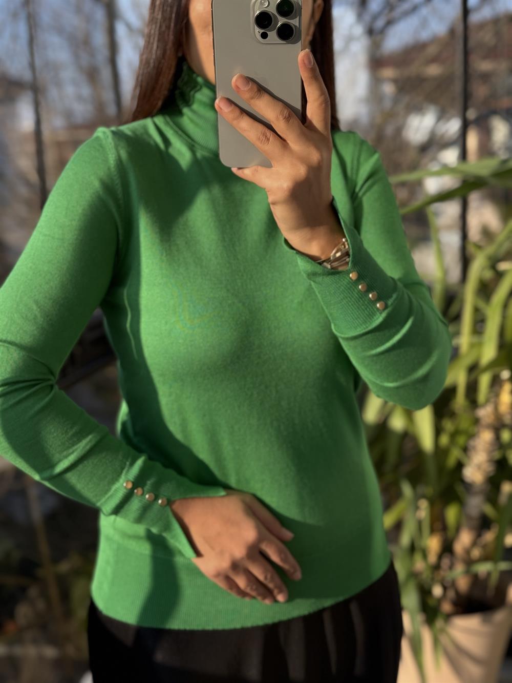 Balıkçı Yaka Manşetli Çıtçıtlı Kazak Yeşil