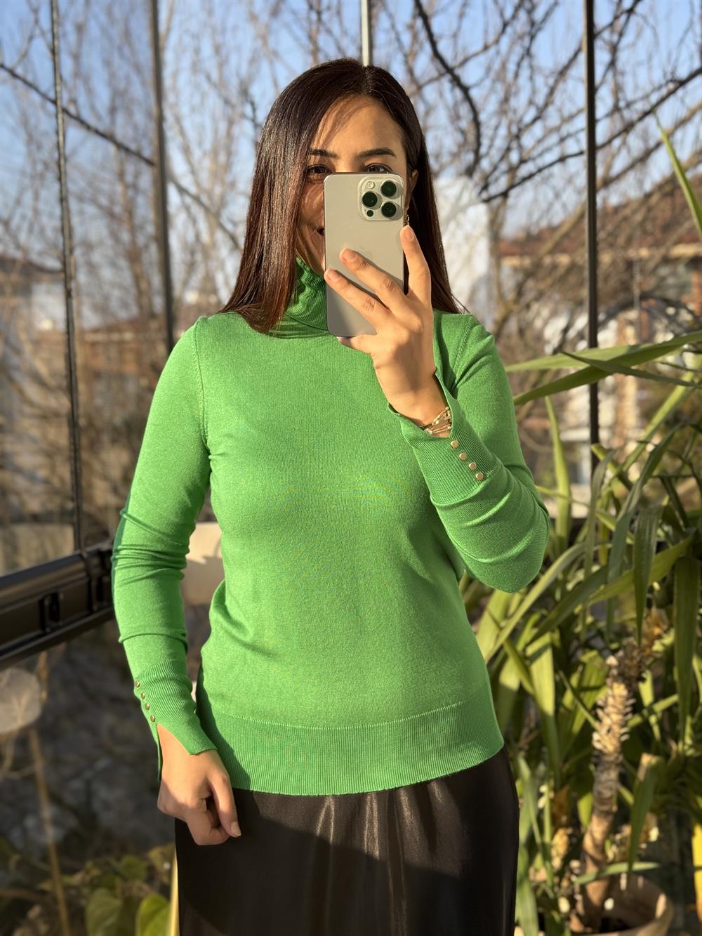 Balıkçı Yaka Manşetli Çıtçıtlı Kazak Yeşil