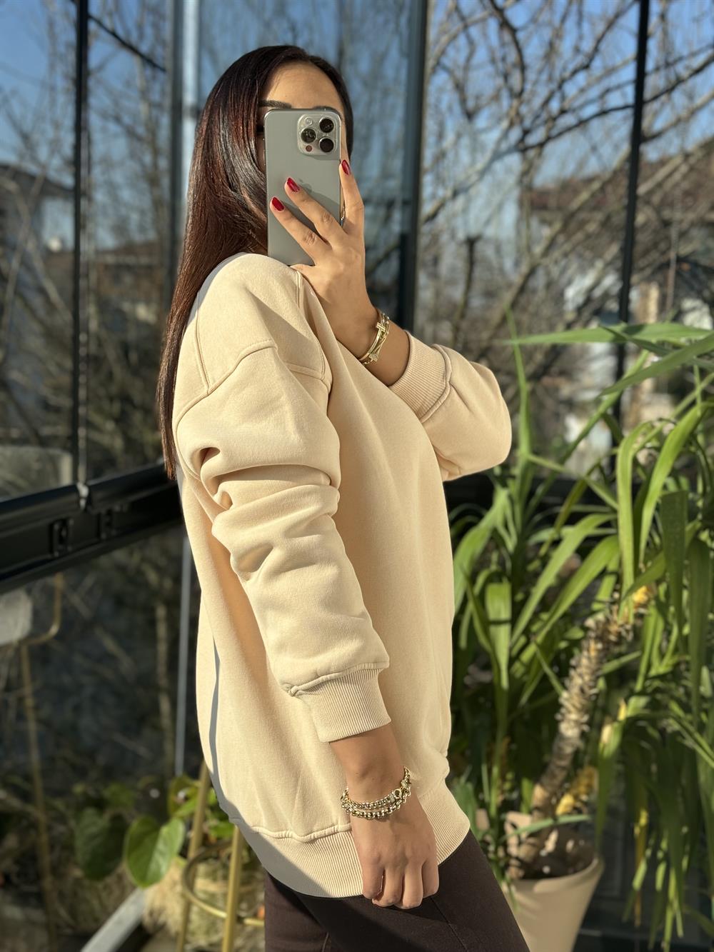 Basic Sweatshirt Krem