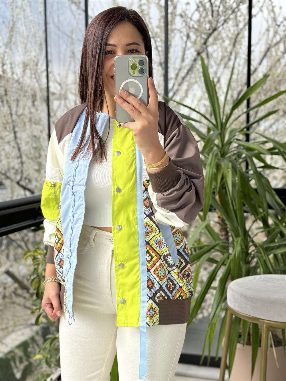 Baskılı Bomber Yağmurluk Kahve