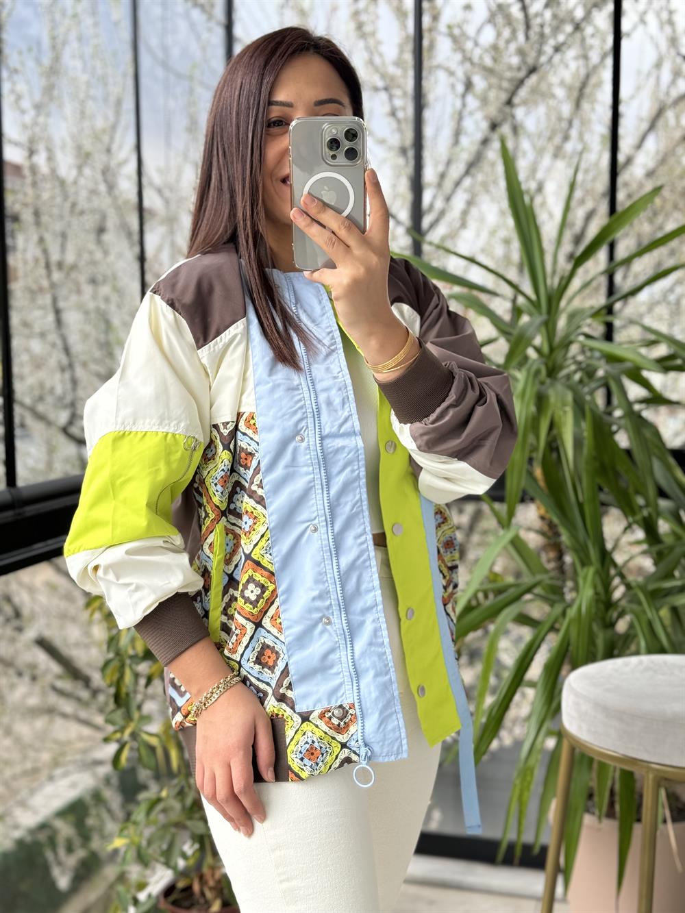 Baskılı Bomber Yağmurluk Kahve