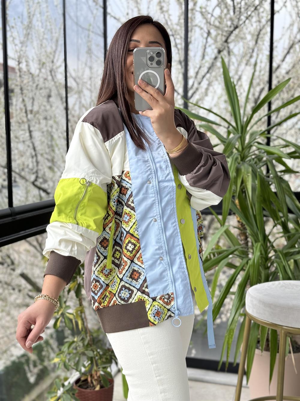 Baskılı Bomber Yağmurluk Kahve