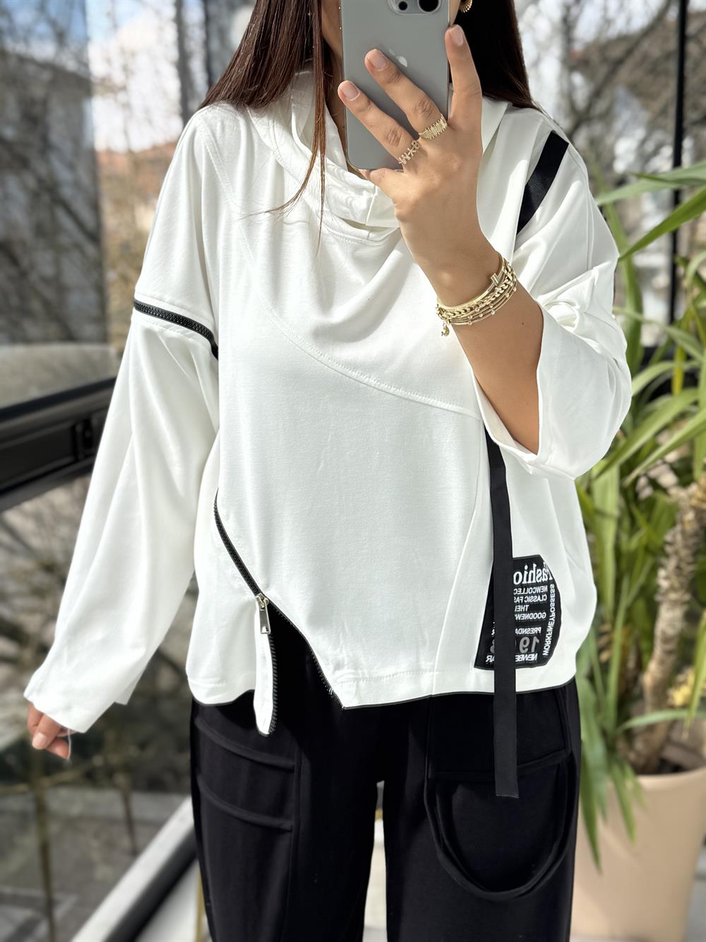 Baskılı Fermuarlı Sweatshirt Beyaz